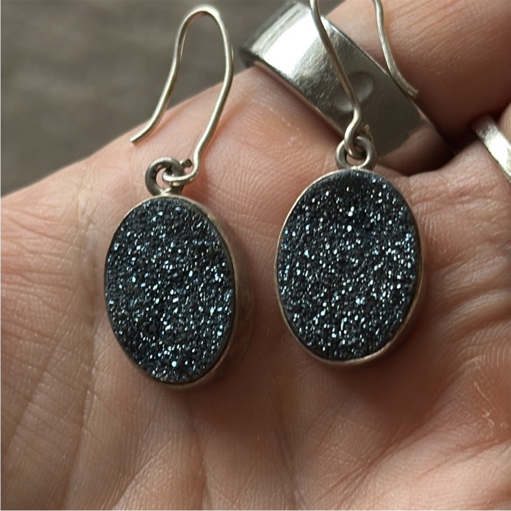 Sterling silver druzzy gemstone sterling Silver blue Black Dangle Earrings